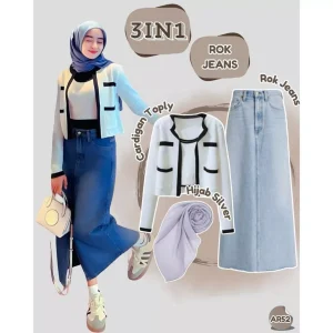 Setelan Wanita Kekinian (Cardigan Toply+Celana Chocho+Belt Choco+Hijab)